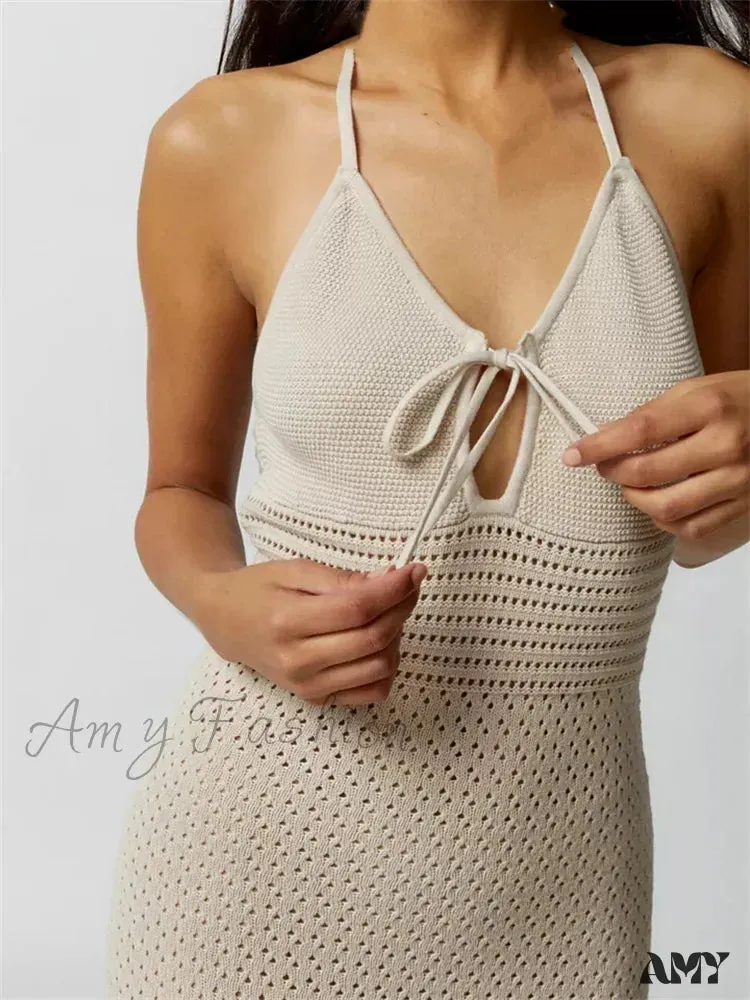 Amy Fashion - Women Knitted  Sleeveless Halter Tie-up Backless Hollow Out Summer Off Shoulder Beach Female Vestidos