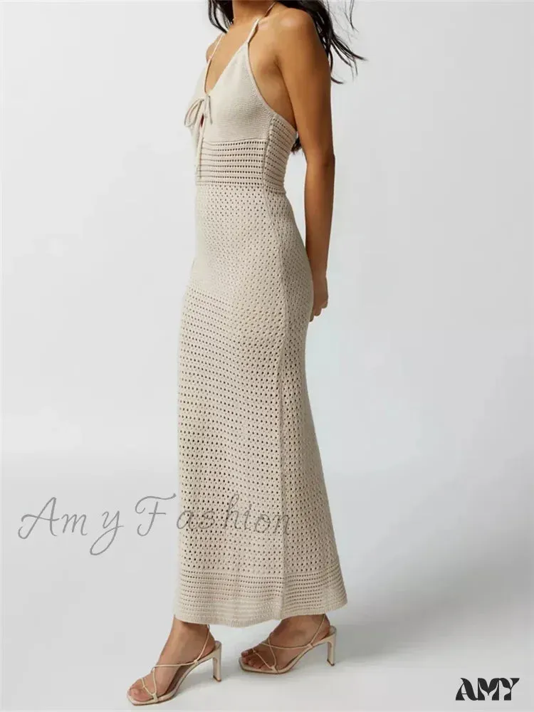 Amy Fashion - Women Knitted  Sleeveless Halter Tie-up Backless Hollow Out Summer Off Shoulder Beach Female Vestidos