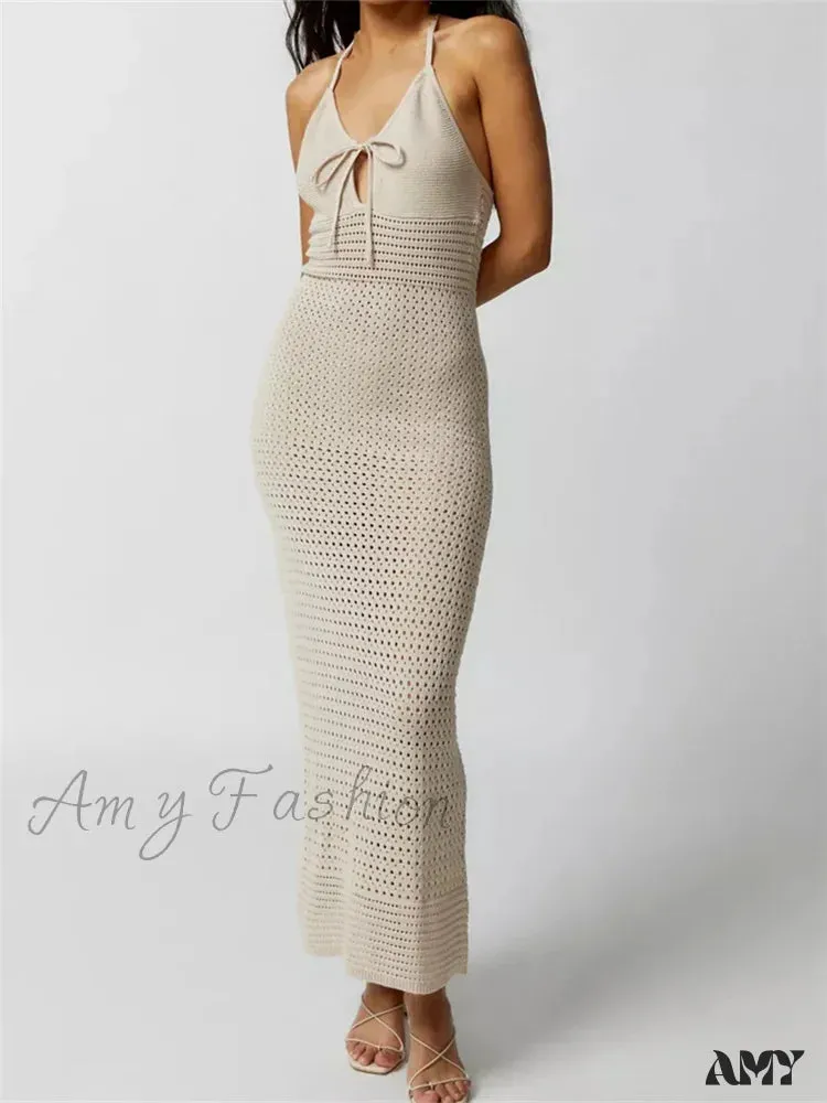 Amy Fashion - Women Knitted  Sleeveless Halter Tie-up Backless Hollow Out Summer Off Shoulder Beach Female Vestidos