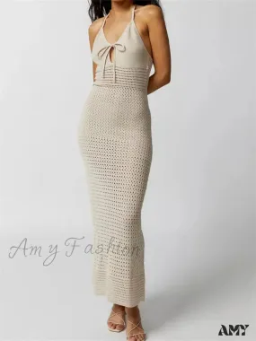 Amy Fashion - Women Knitted  Sleeveless Halter Tie-up Backless Hollow Out Summer Off Shoulder Beach Female Vestidos