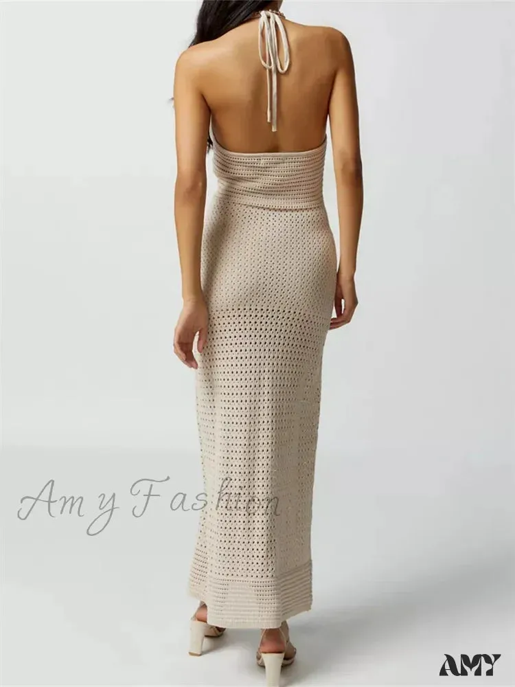 Amy Fashion - Women Knitted  Sleeveless Halter Tie-up Backless Hollow Out Summer Off Shoulder Beach Female Vestidos