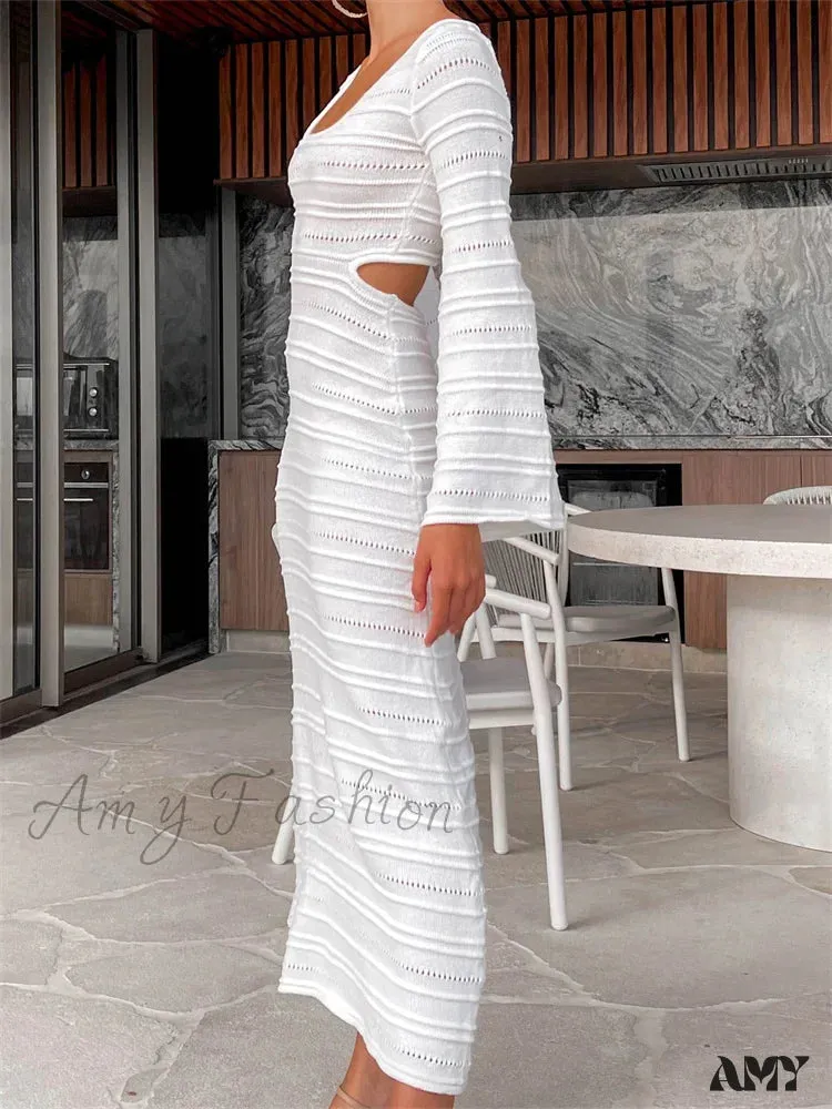Amy Fashion - Women Summer Beach   Flare Sleeve O-neck Hollow Out Solid Color Knitted Female Backless Vestidos