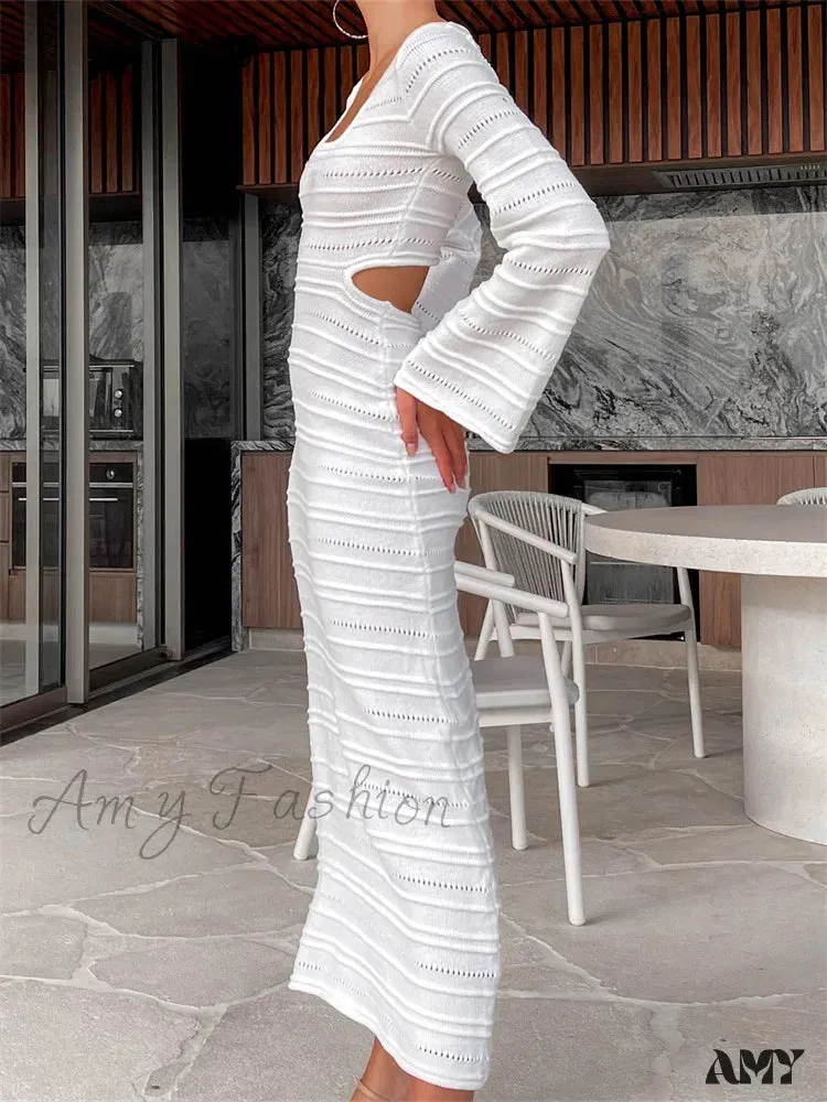 Amy Fashion - Women Summer Beach   Flare Sleeve O-neck Hollow Out Solid Color Knitted Female Backless Vestidos