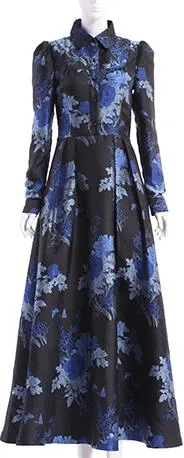 Blue-Floral Long-Sleeve Maxi Dress