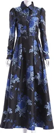 Blue-Floral Long-Sleeve Maxi Dress