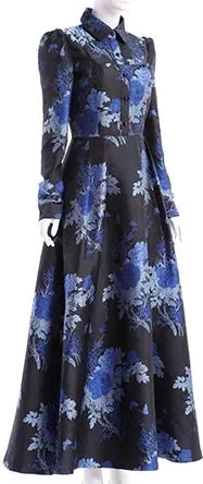 Blue-Floral Long-Sleeve Maxi Dress