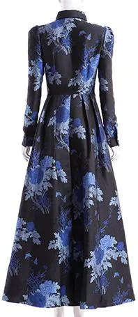 Blue-Floral Long-Sleeve Maxi Dress