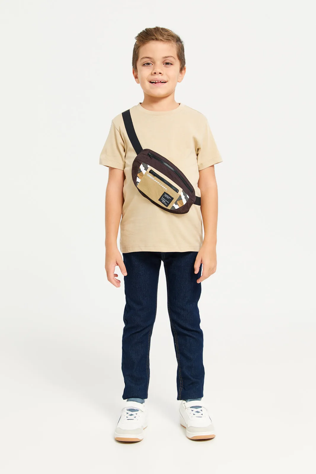 Boys Brown Plain T-Shirt With Bag
