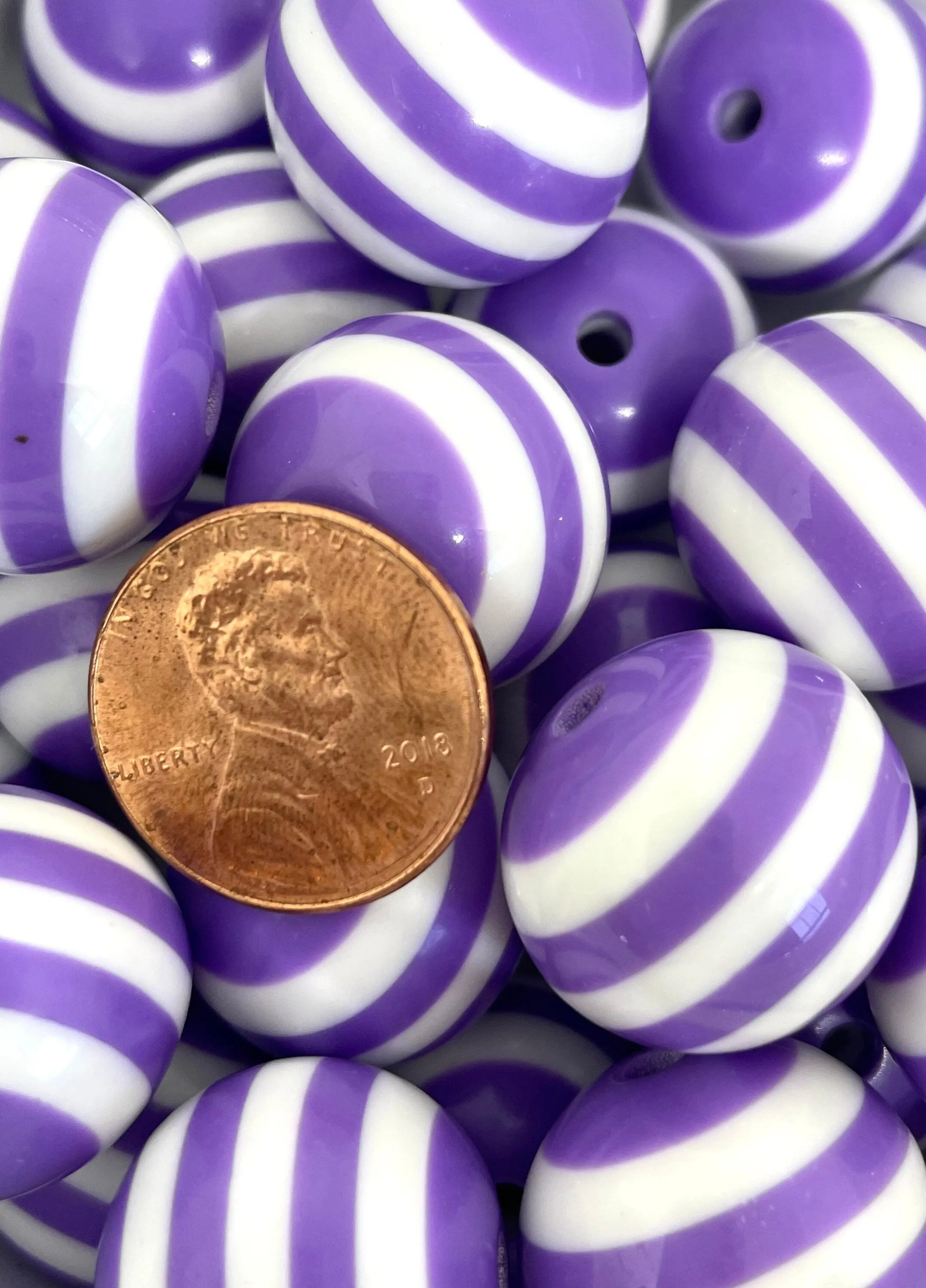 Bright Purple and White Striped Beads, Chunky Bead Mix for Jewelry, Large Purple Beads for Necklace, 20mm Beads