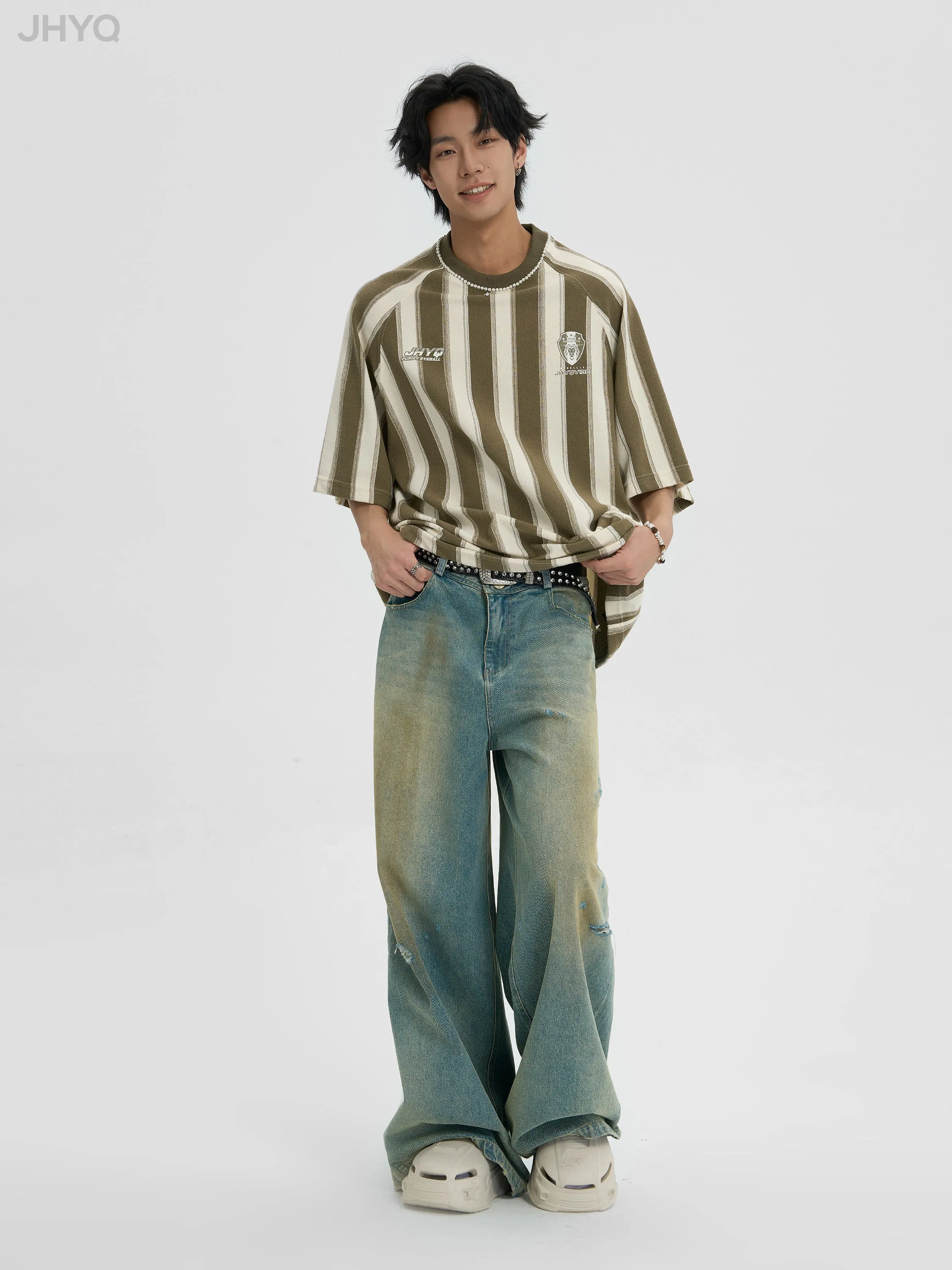 Contrast Striped Neck Beaded T-Shirt