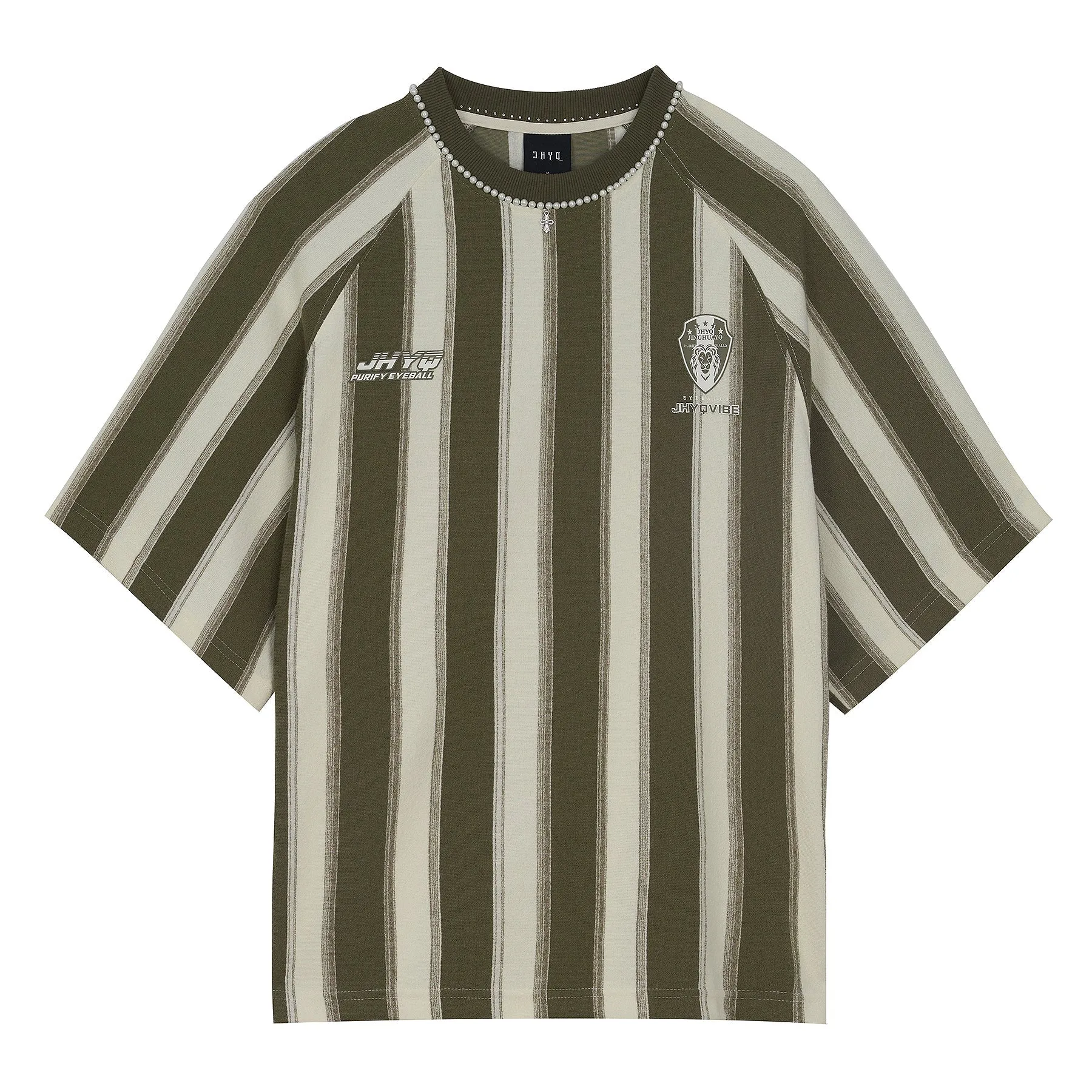 Contrast Striped Neck Beaded T-Shirt