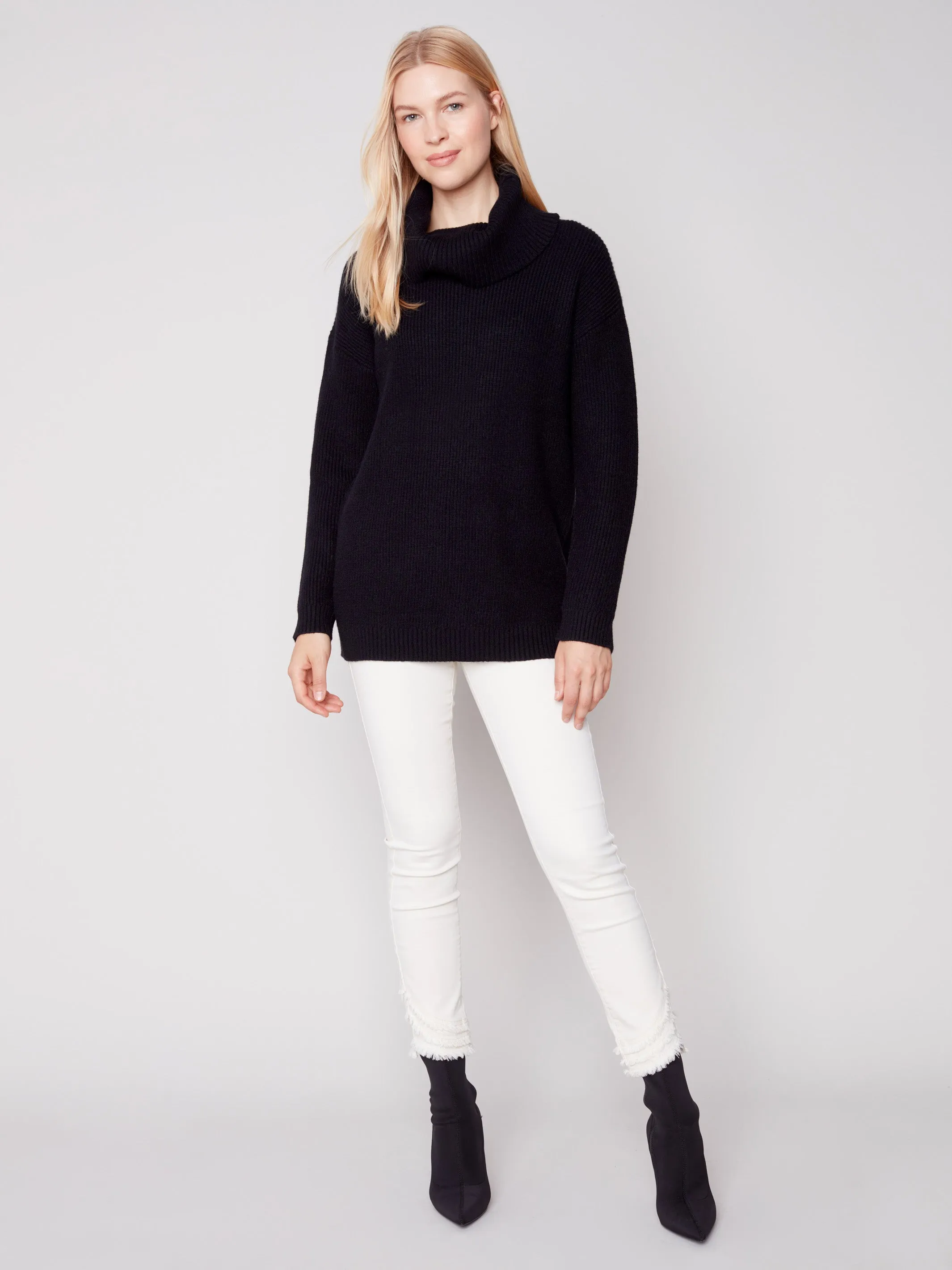 Cowl Neck Sweater with Button Detail - Black
