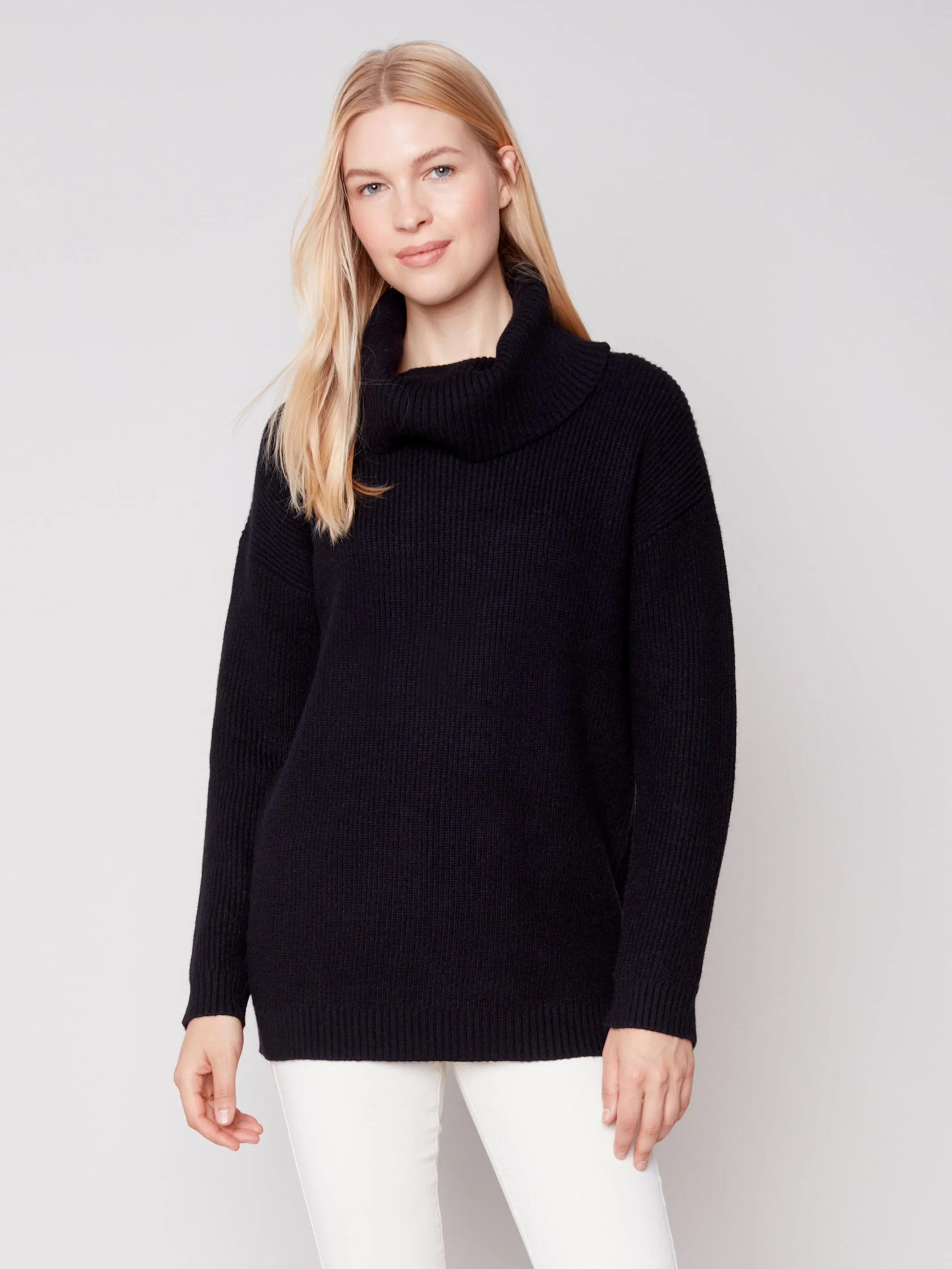 Cowl Neck Sweater with Button Detail - Black