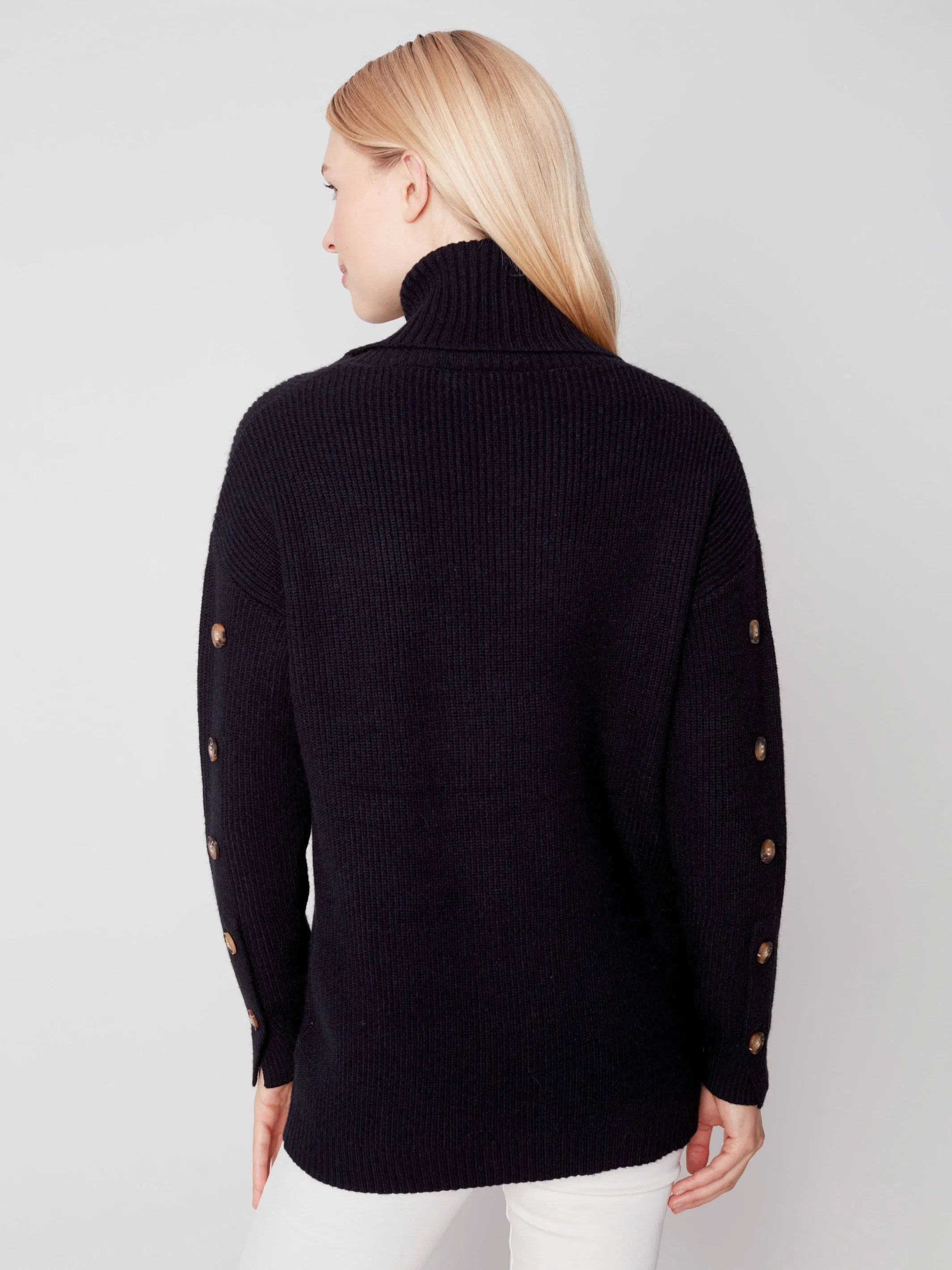 Cowl Neck Sweater with Button Detail - Black