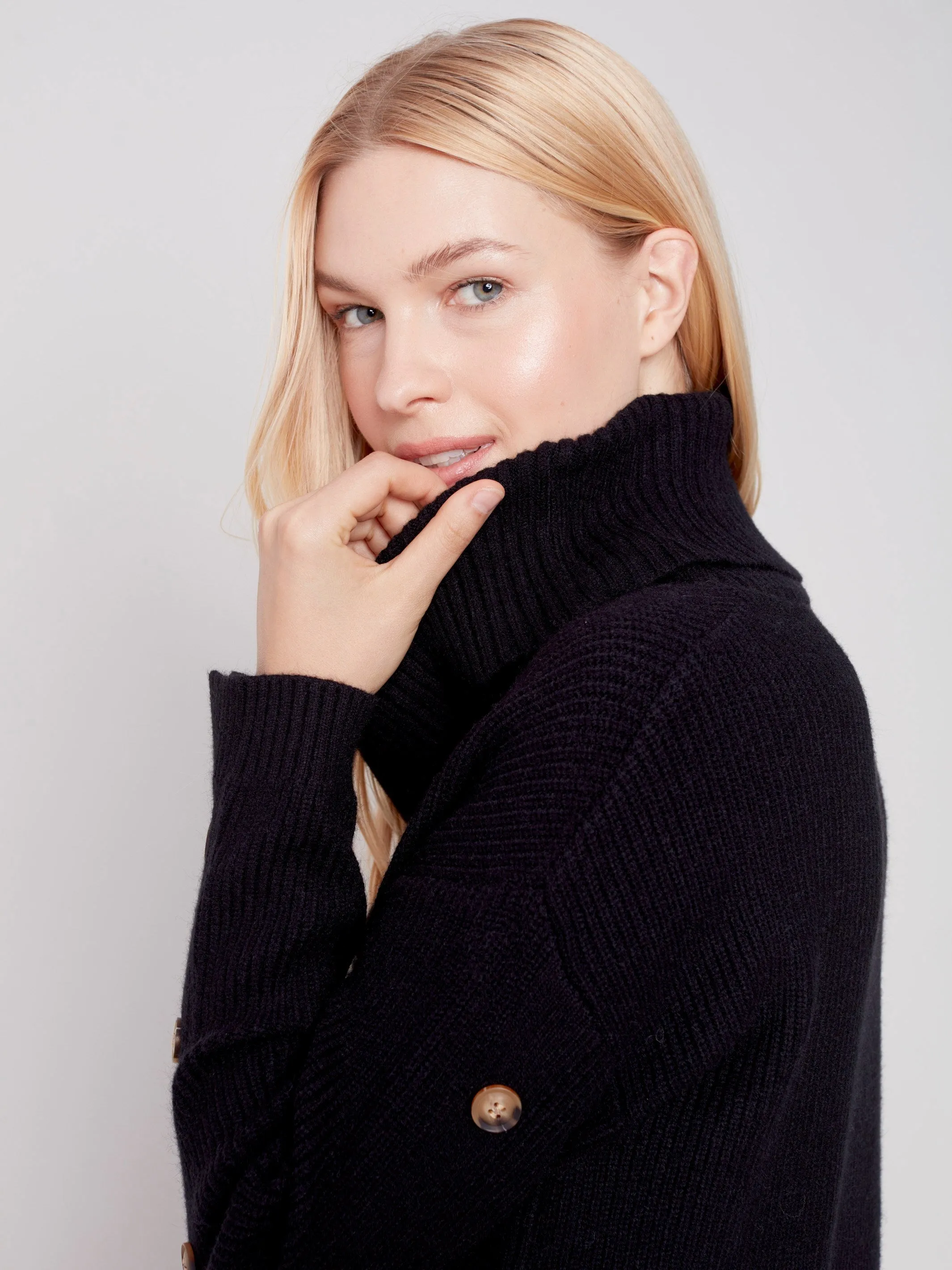 Cowl Neck Sweater with Button Detail - Black