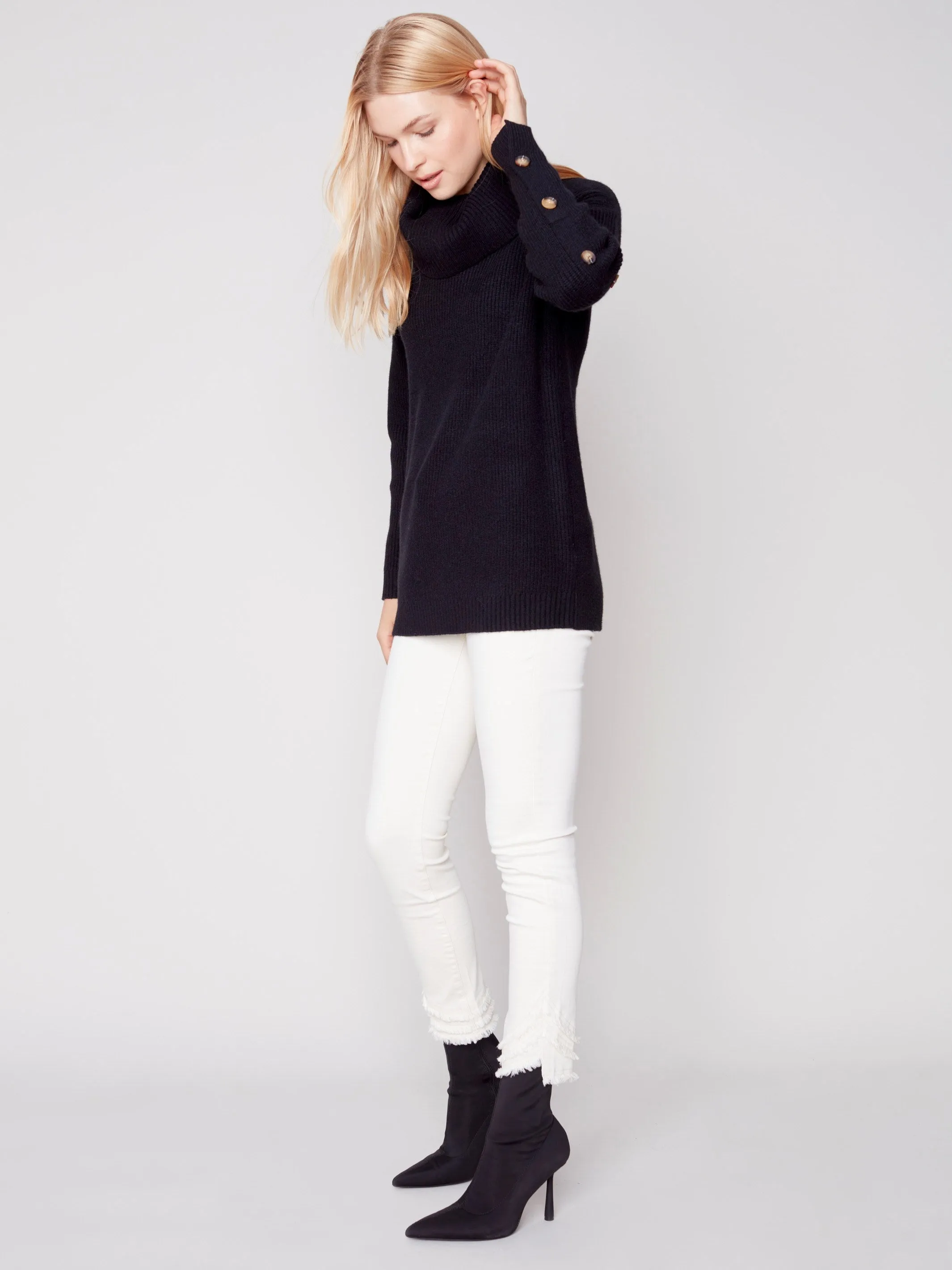 Cowl Neck Sweater with Button Detail - Black