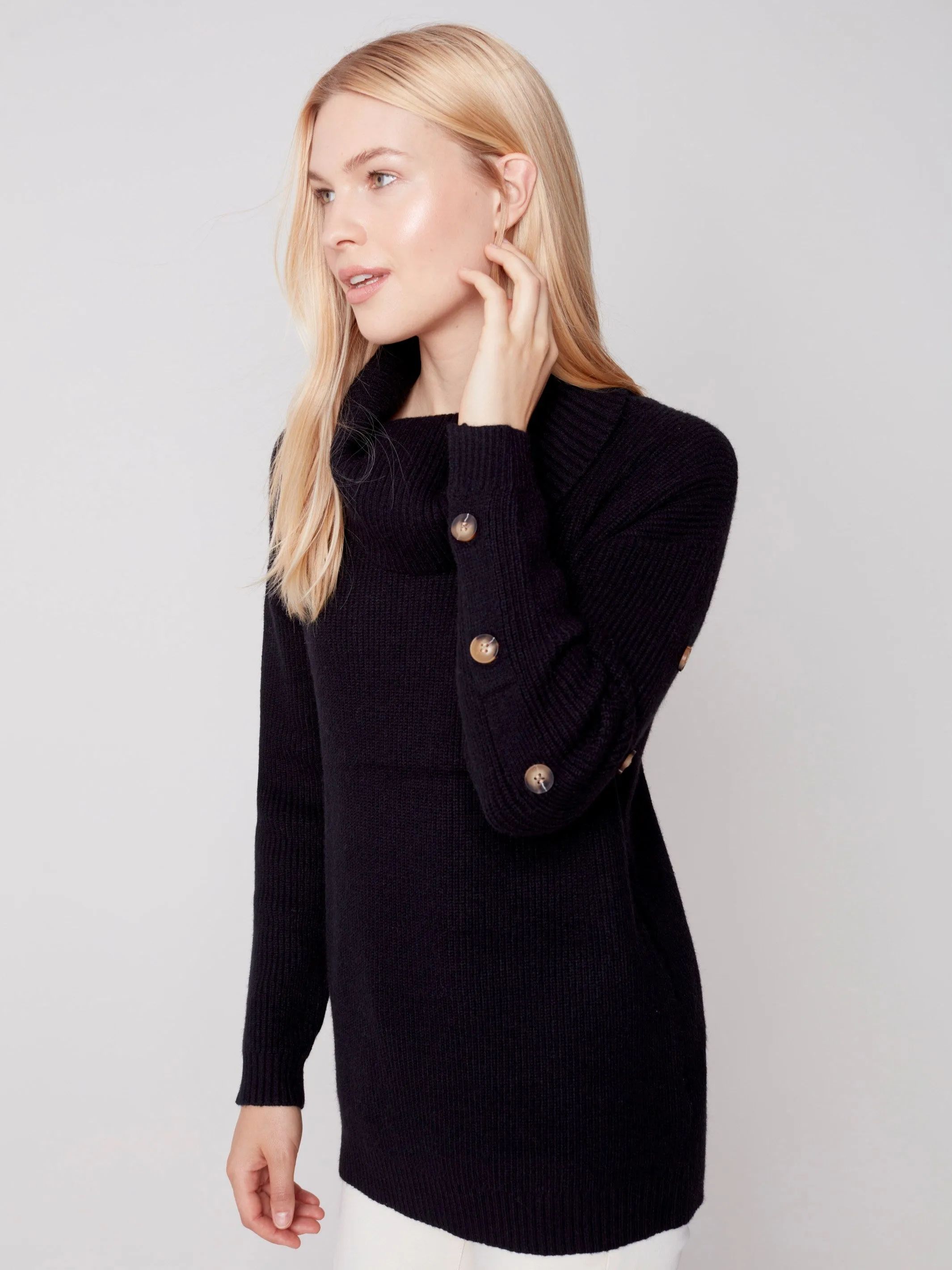 Cowl Neck Sweater with Button Detail - Black