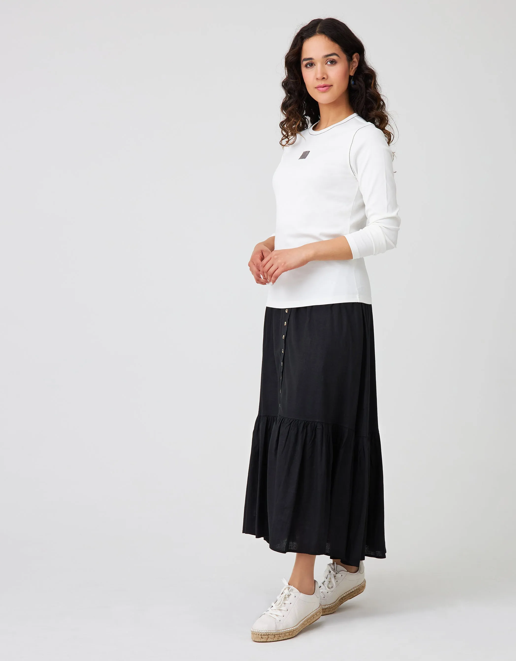 Crew Tee with Back Button and Micro Bead Trim Ivory