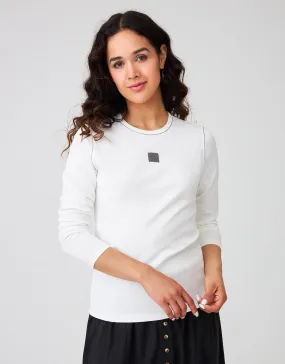 Crew Tee with Back Button and Micro Bead Trim Ivory