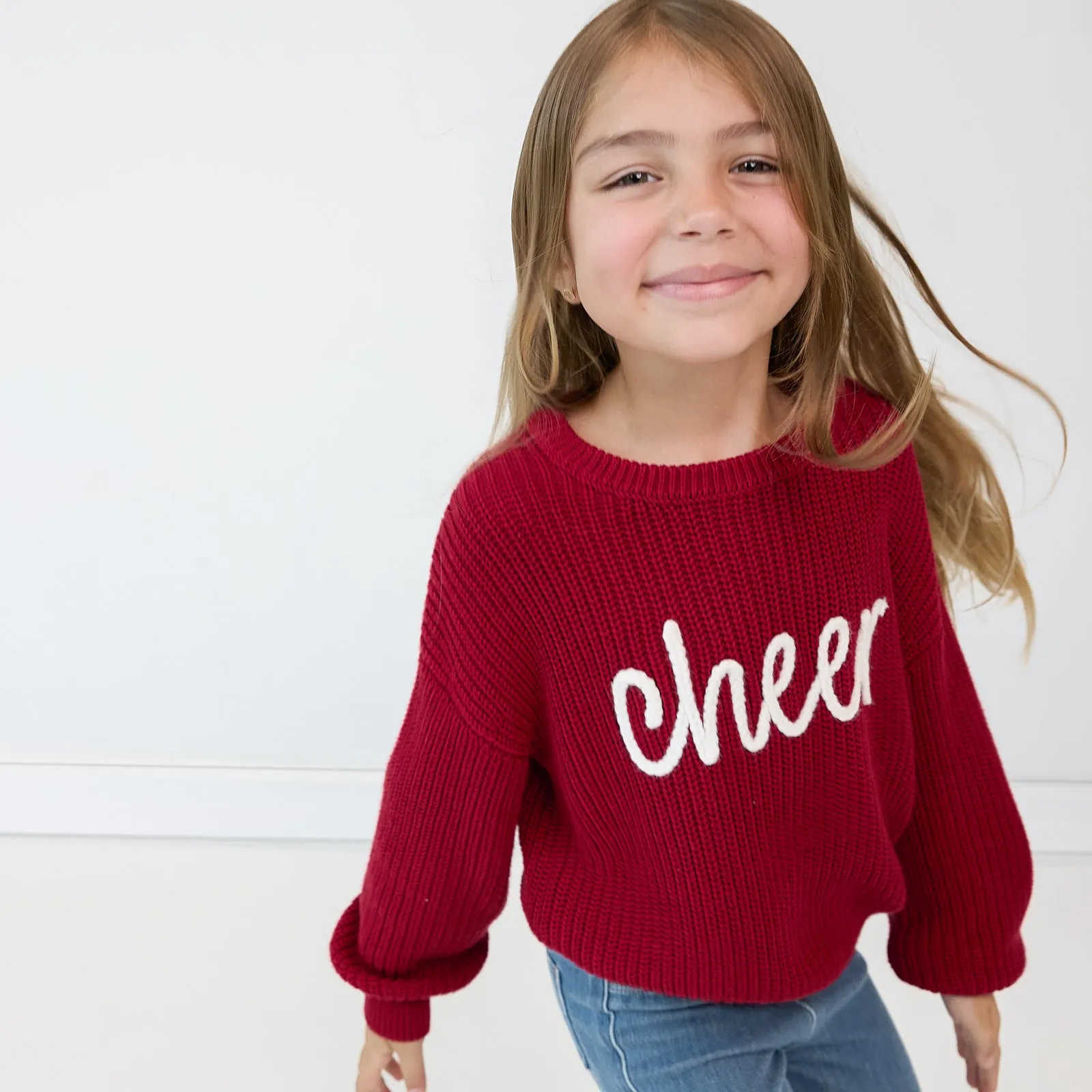Deep Crimson "Cheer" Drop Shoulder Sweater