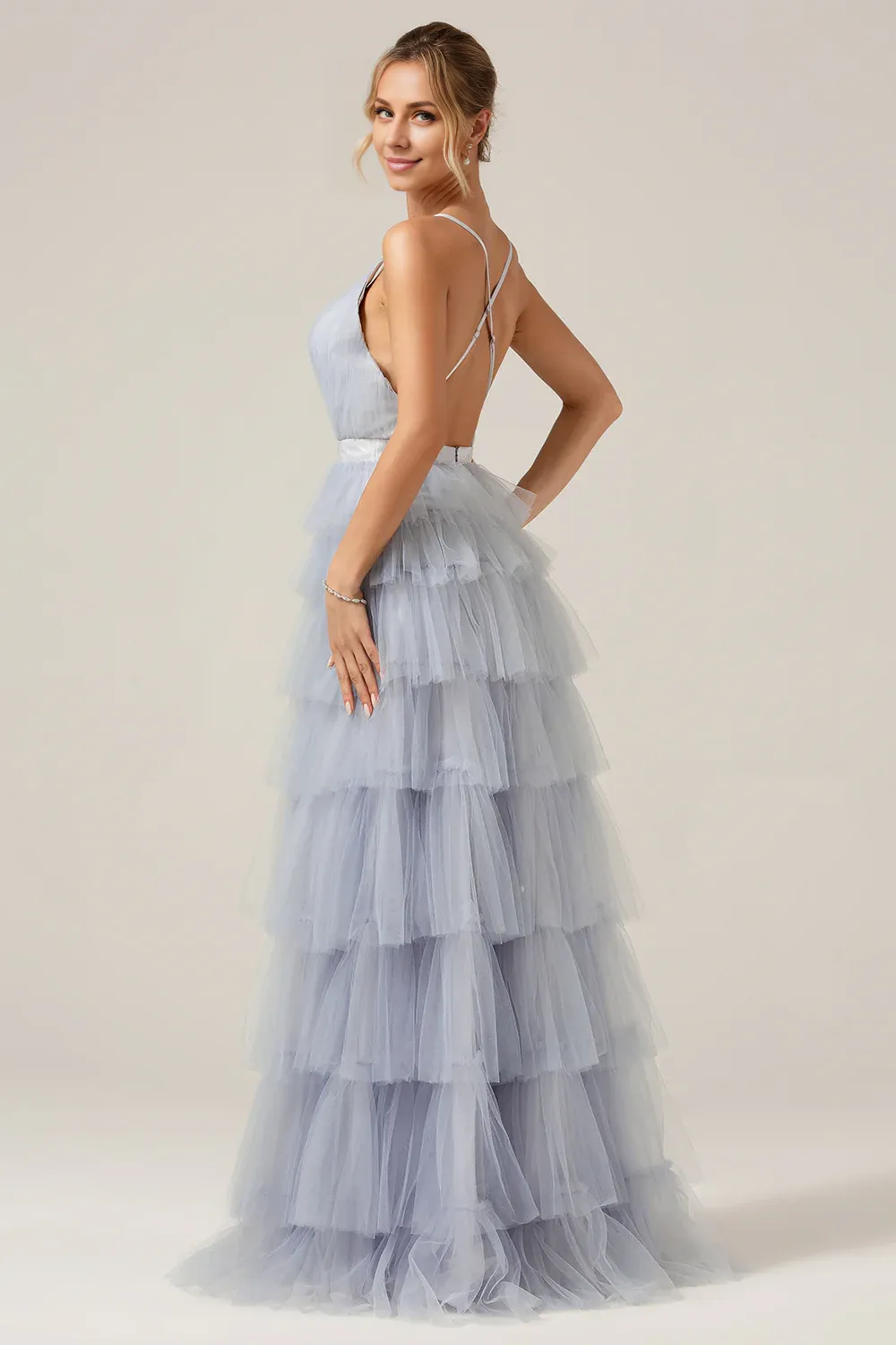 Dusty Blue A-Line Prom Dresses Spaghetti Straps Tiered Long Tulle Maxi Dress