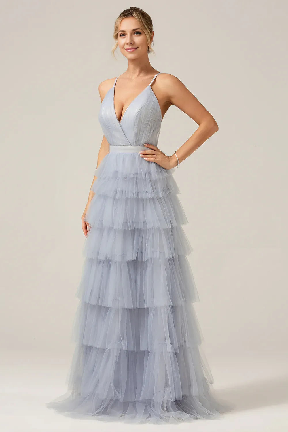 Dusty Blue A-Line Prom Dresses Spaghetti Straps Tiered Long Tulle Maxi Dress