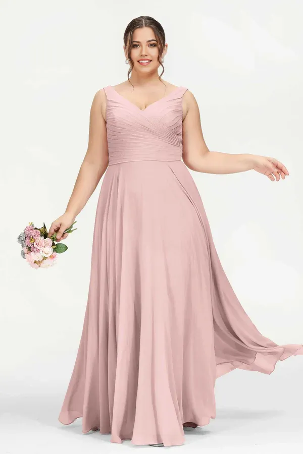 Dusty-Rose Bridesmaid Dresses Plus Size V Neck Chiffon Dress Maxi Length Wedding Guest Dresses
