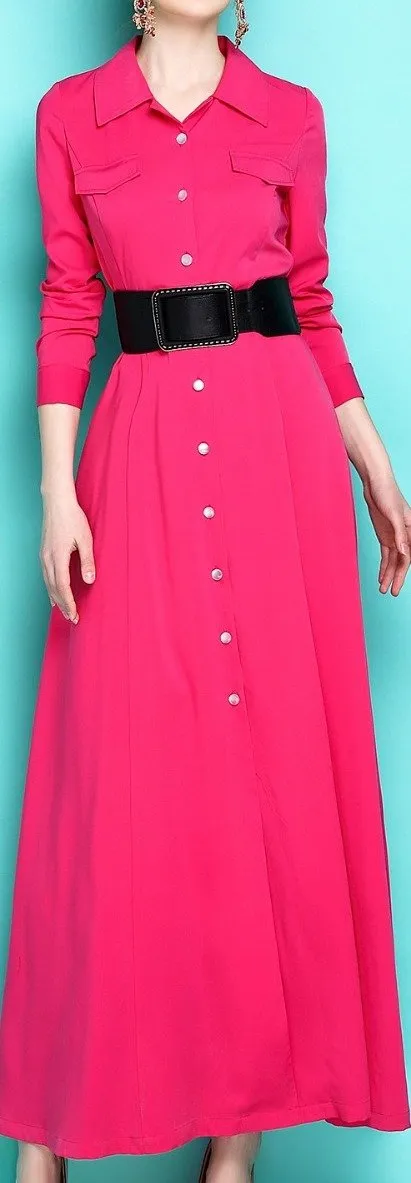Fuchsia Belted Maxi Shirt Dress