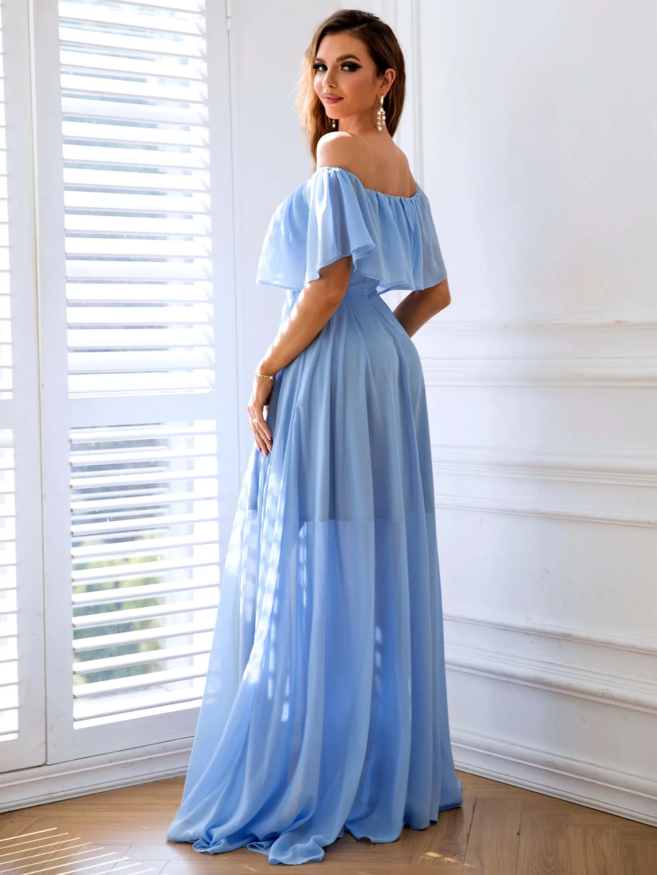 Joyfunear Off Shoulder Ruffle Trim Split Thigh Chiffon Formal Dress