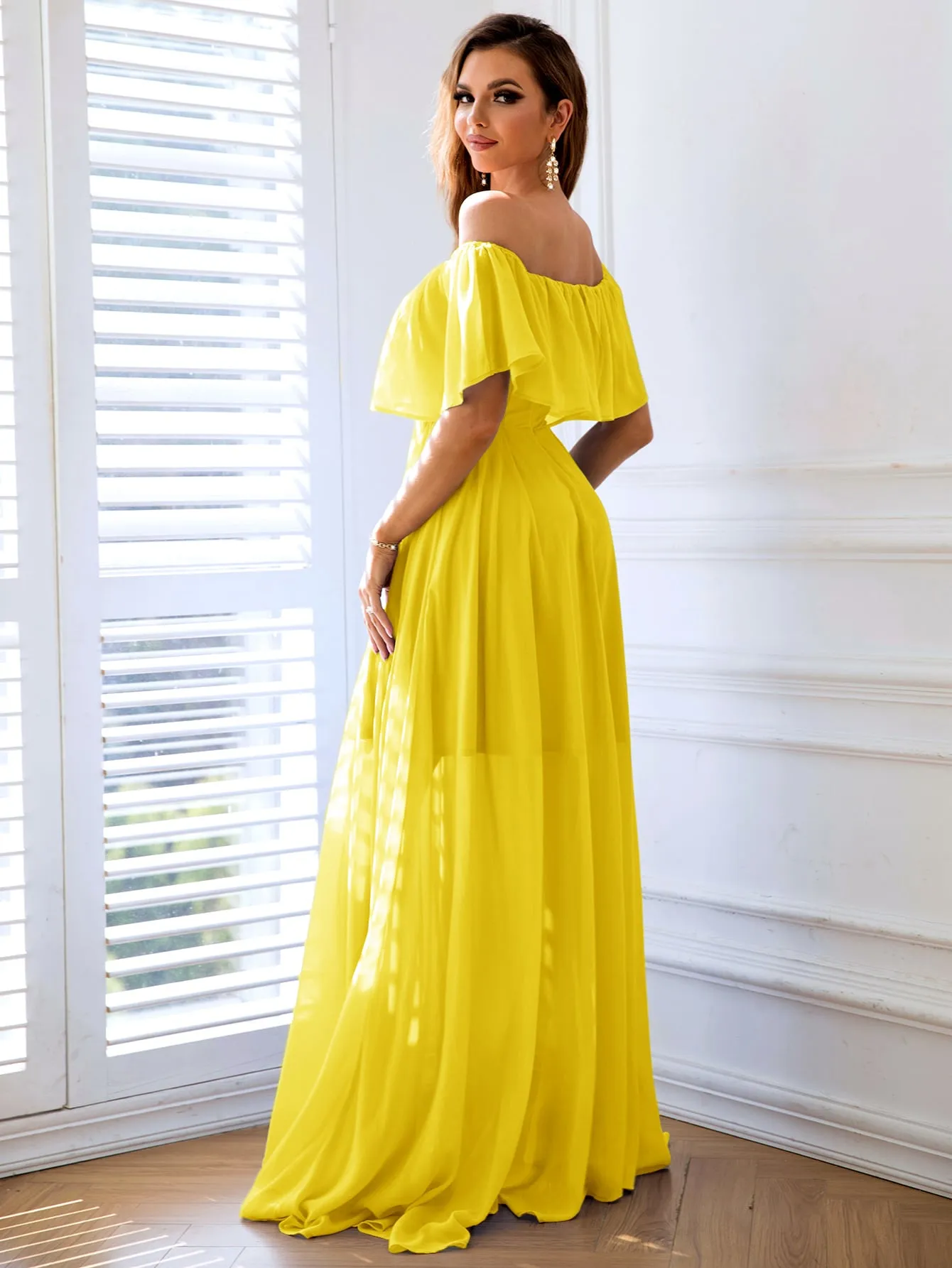 Joyfunear Off Shoulder Ruffle Trim Split Thigh Chiffon Formal Dress