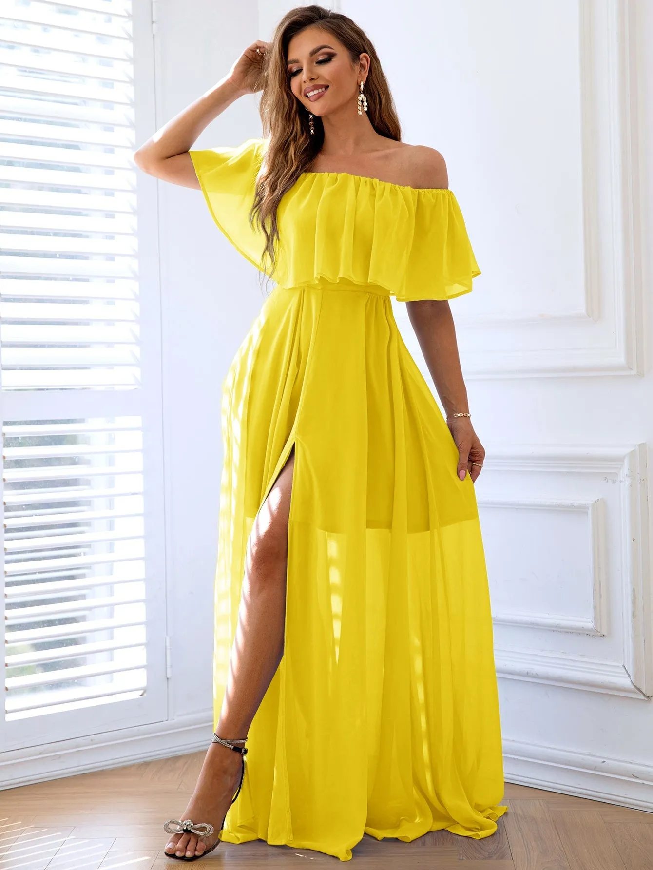 Joyfunear Off Shoulder Ruffle Trim Split Thigh Chiffon Formal Dress