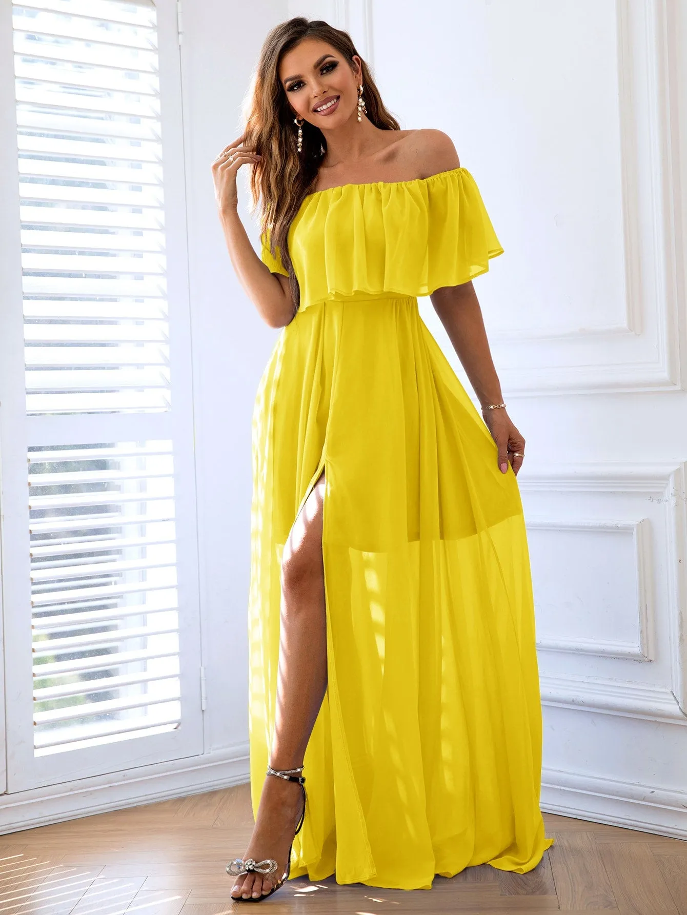 Joyfunear Off Shoulder Ruffle Trim Split Thigh Chiffon Formal Dress
