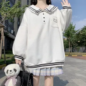 Kawaii Sailor Collar Cat Contrast Color Sweaters