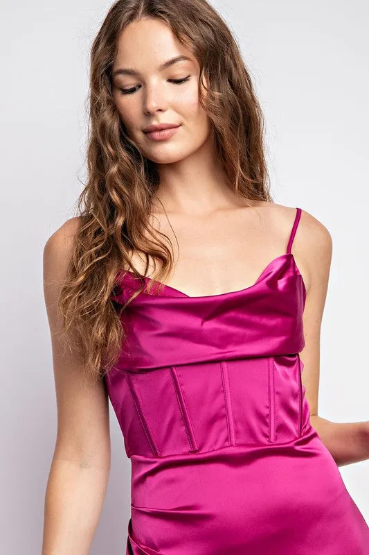 Magenta Satin Bodice Corset Maxi Dress