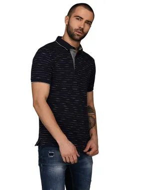 Navy Blue & Grey Striped Slim Fit Polo T-Shirt | JadeBlue