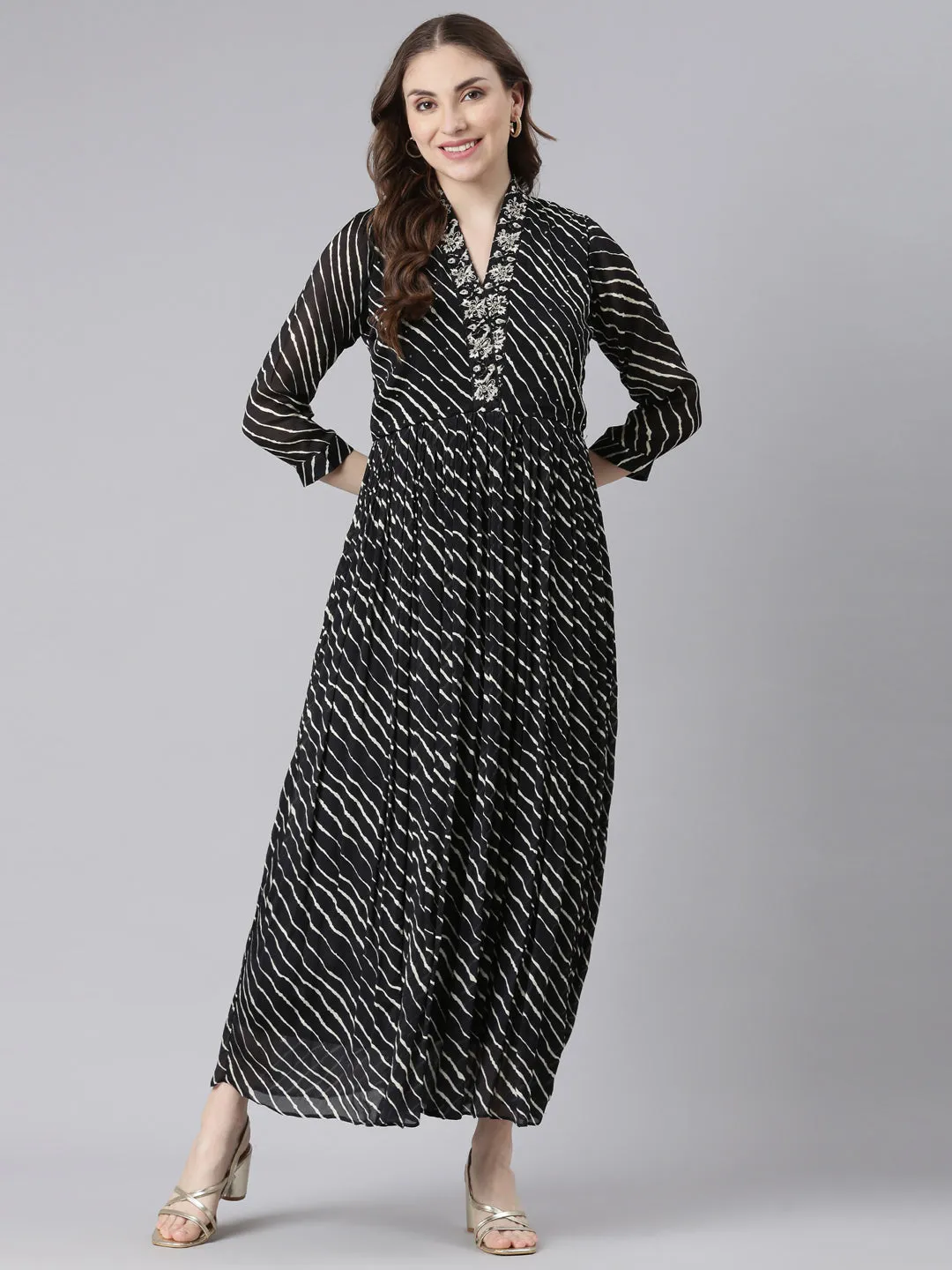 Neerus Black Cotton Straight Casual Ethnic Motifs Maxi Dresses