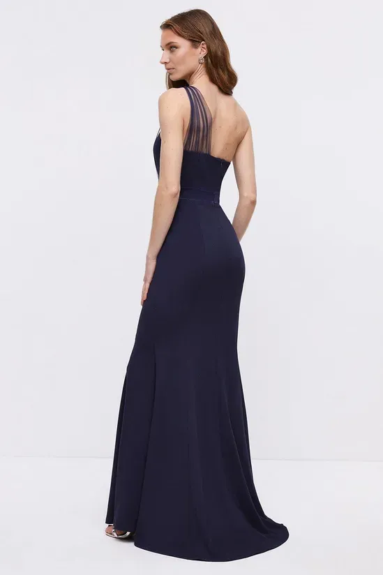 Petite Mesh One Shoulder Crepe Bridesmaid Maxi Dress Wedding Guest Dresses