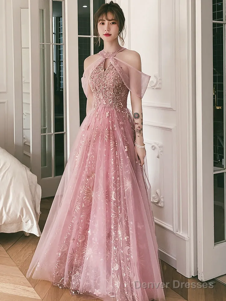 Pink Tulle A-Line Long Formal Dresses, Pink High Neckline Party Dresses Prom Dresses