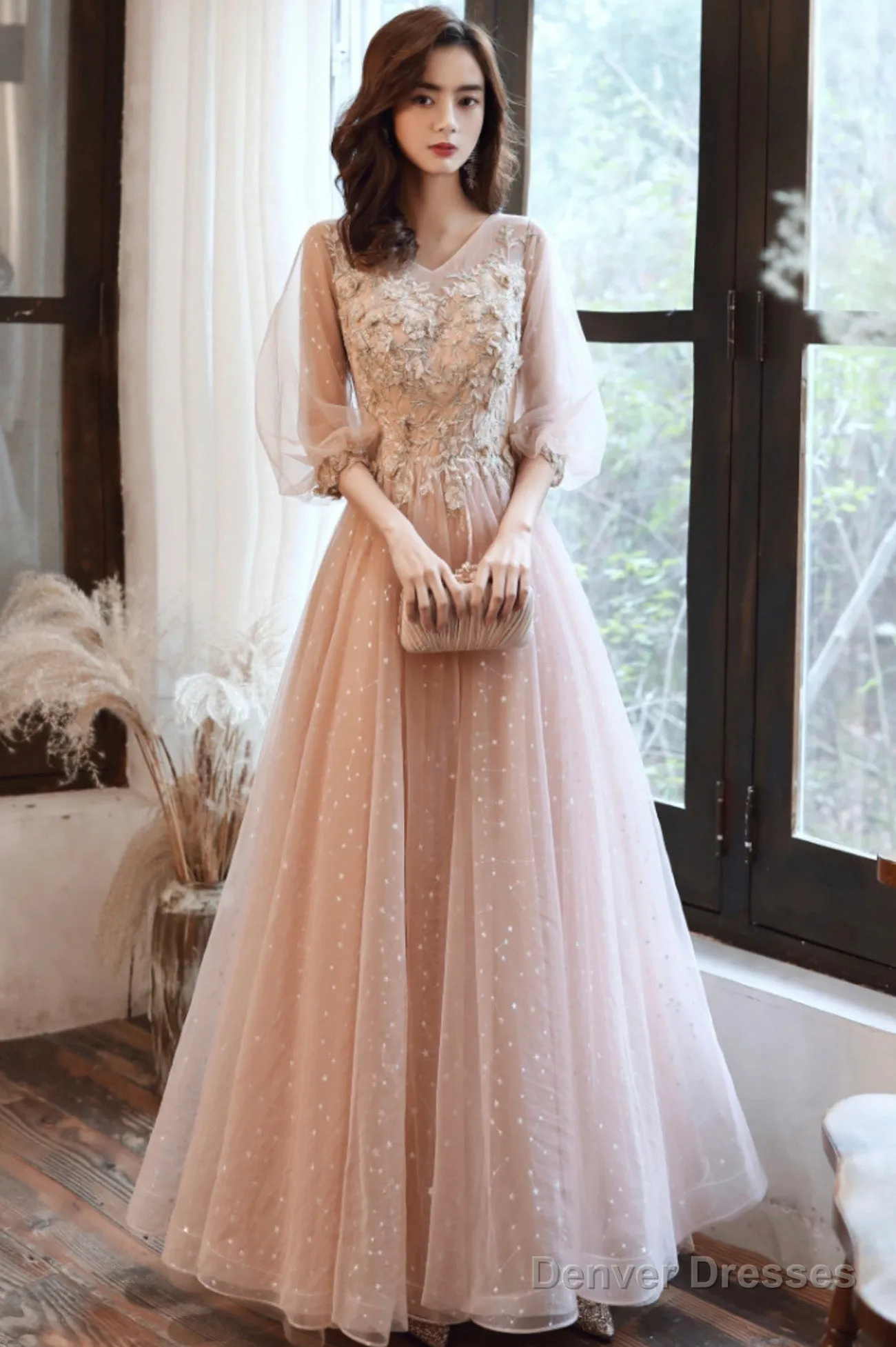 Pink Tulle Lace Long Prom Dresses, A-Line Long Sleeve Evening Dresses