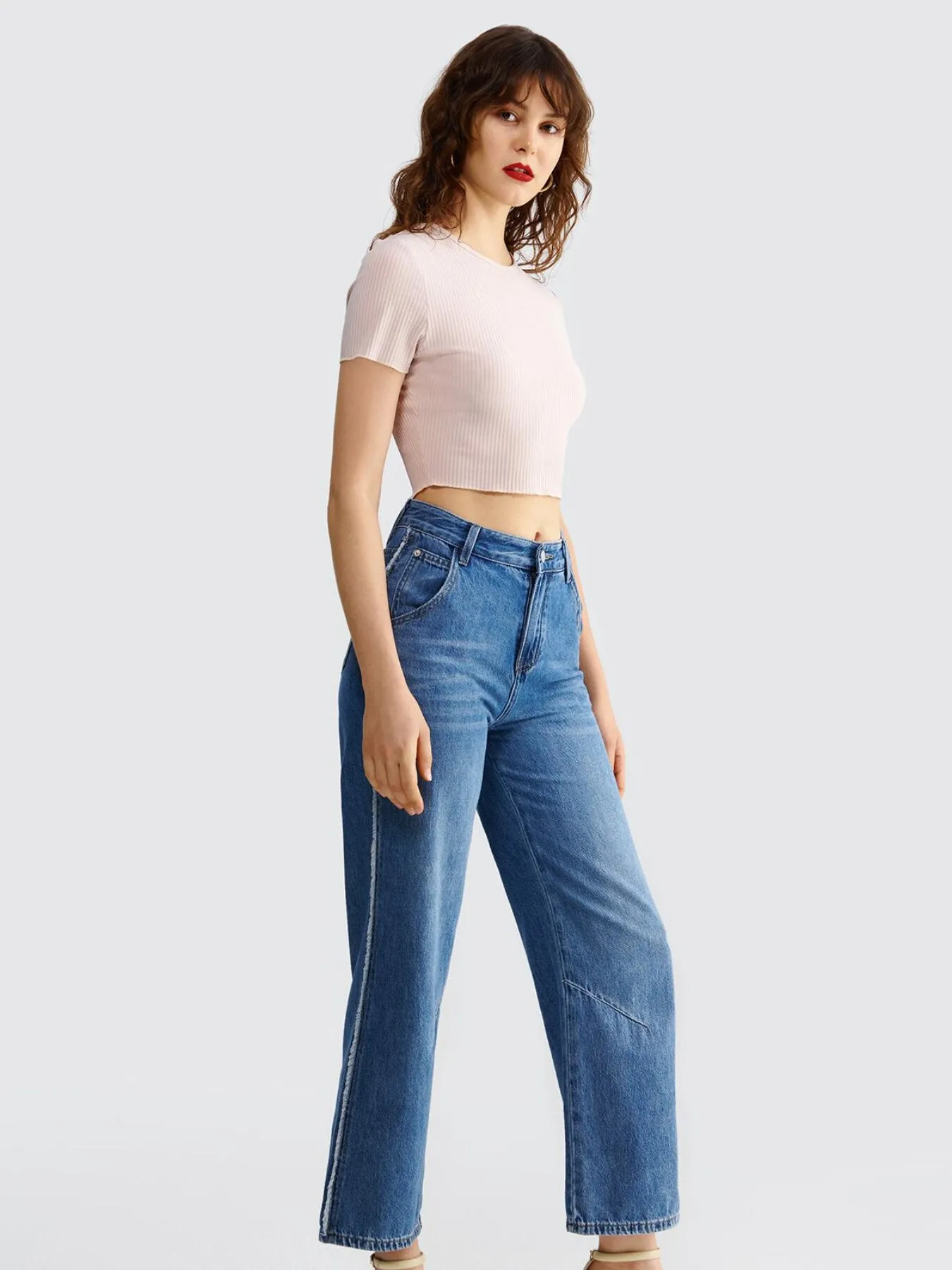 Plain Round Neck Rib Crop Tee