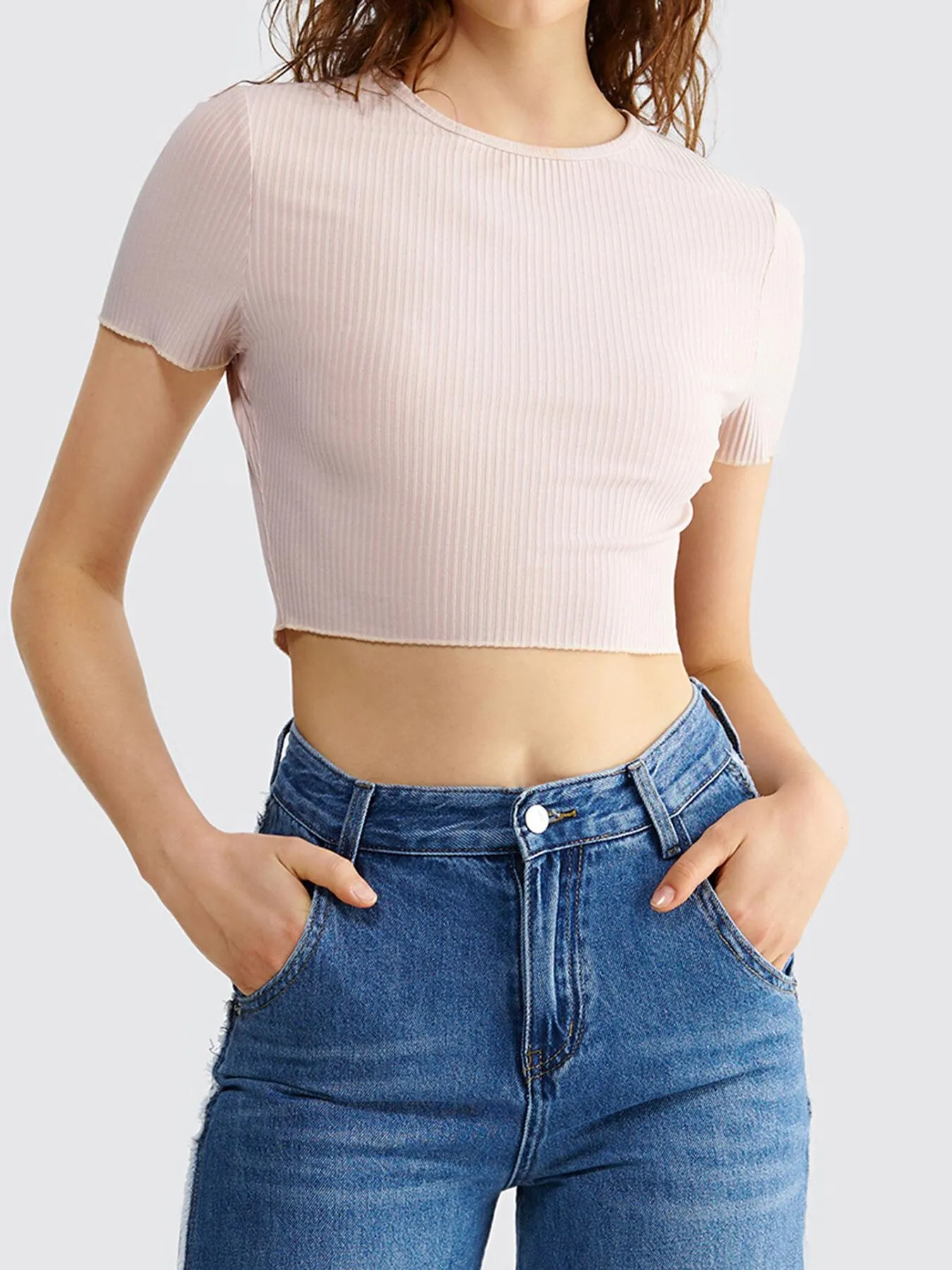 Plain Round Neck Rib Crop Tee