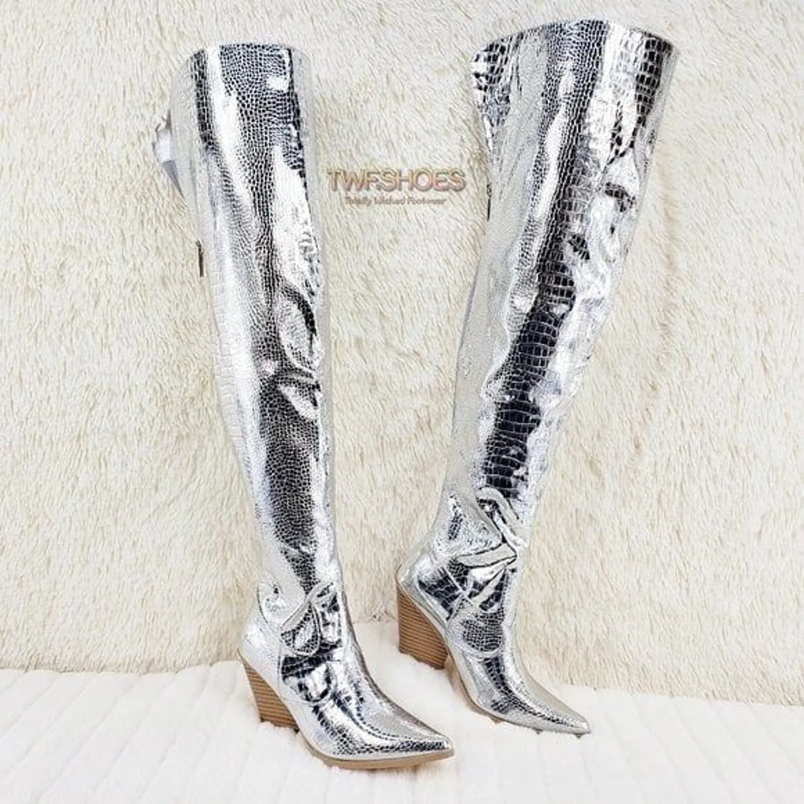 Size 6.5 Centura Silver Country Western thigh high Cowgirl Boots