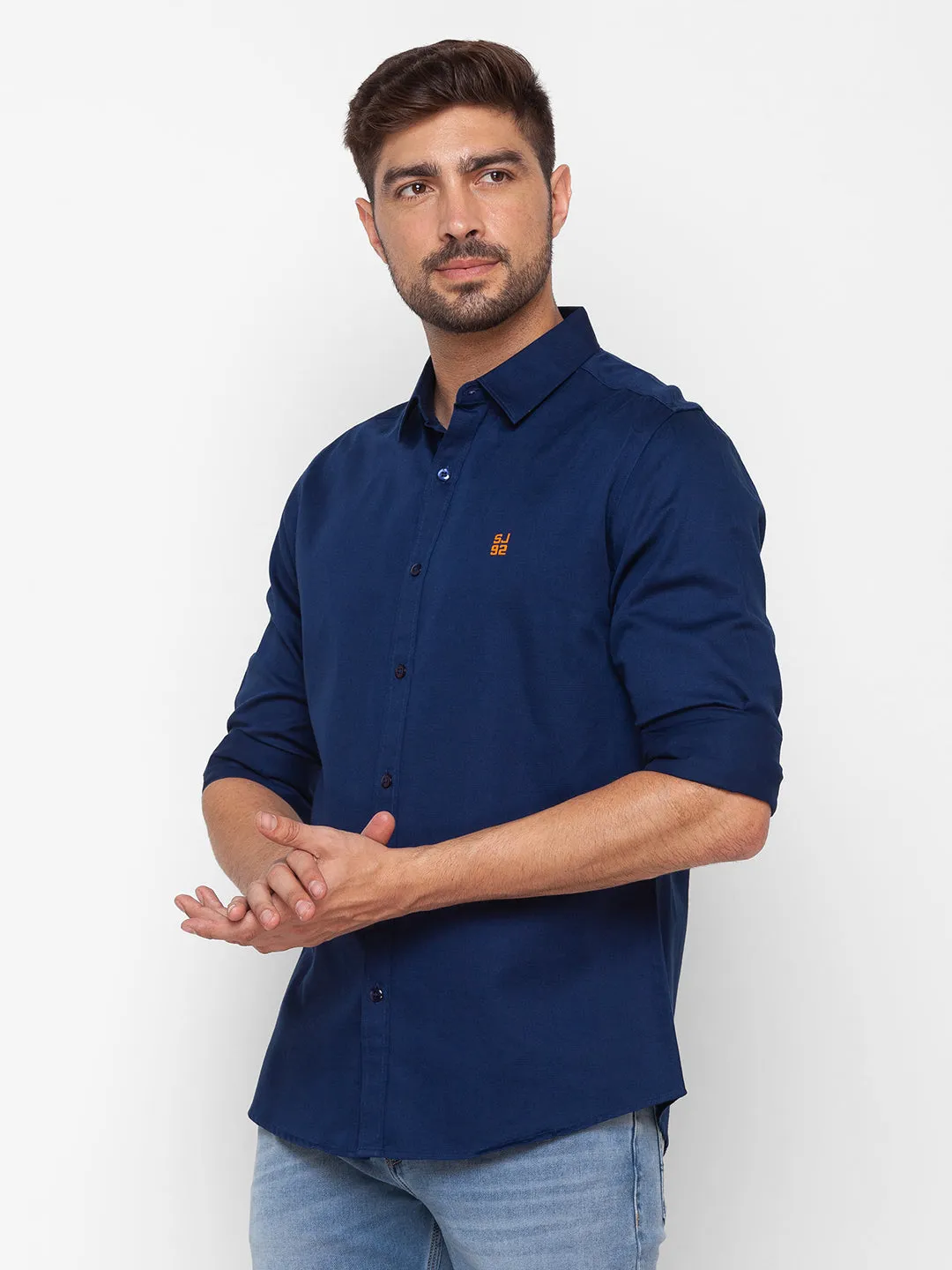 Spykar Ink Blue Cotton Full Sleeve Plain Shirt For Men