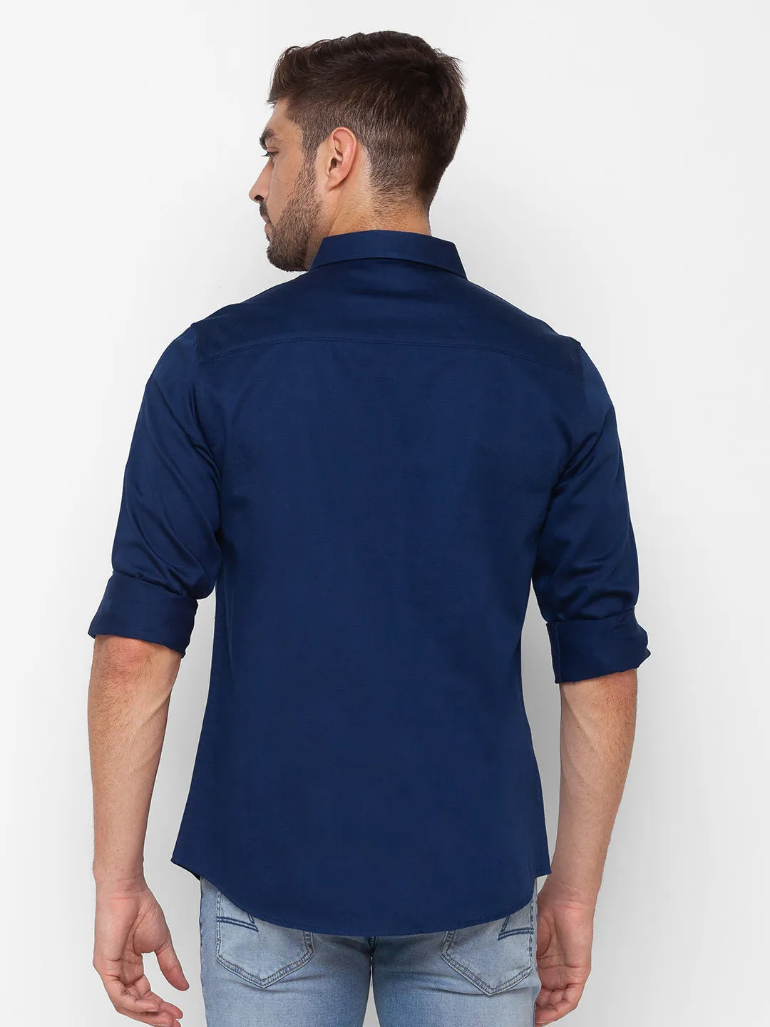 Spykar Ink Blue Cotton Full Sleeve Plain Shirt For Men