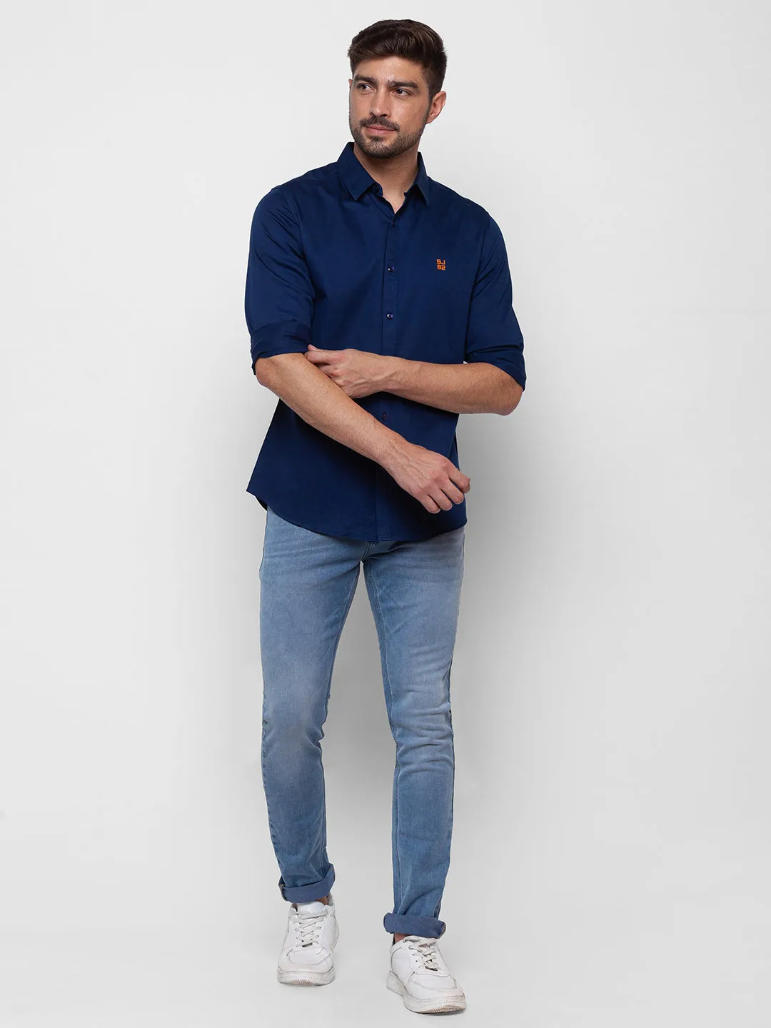 Spykar Ink Blue Cotton Full Sleeve Plain Shirt For Men