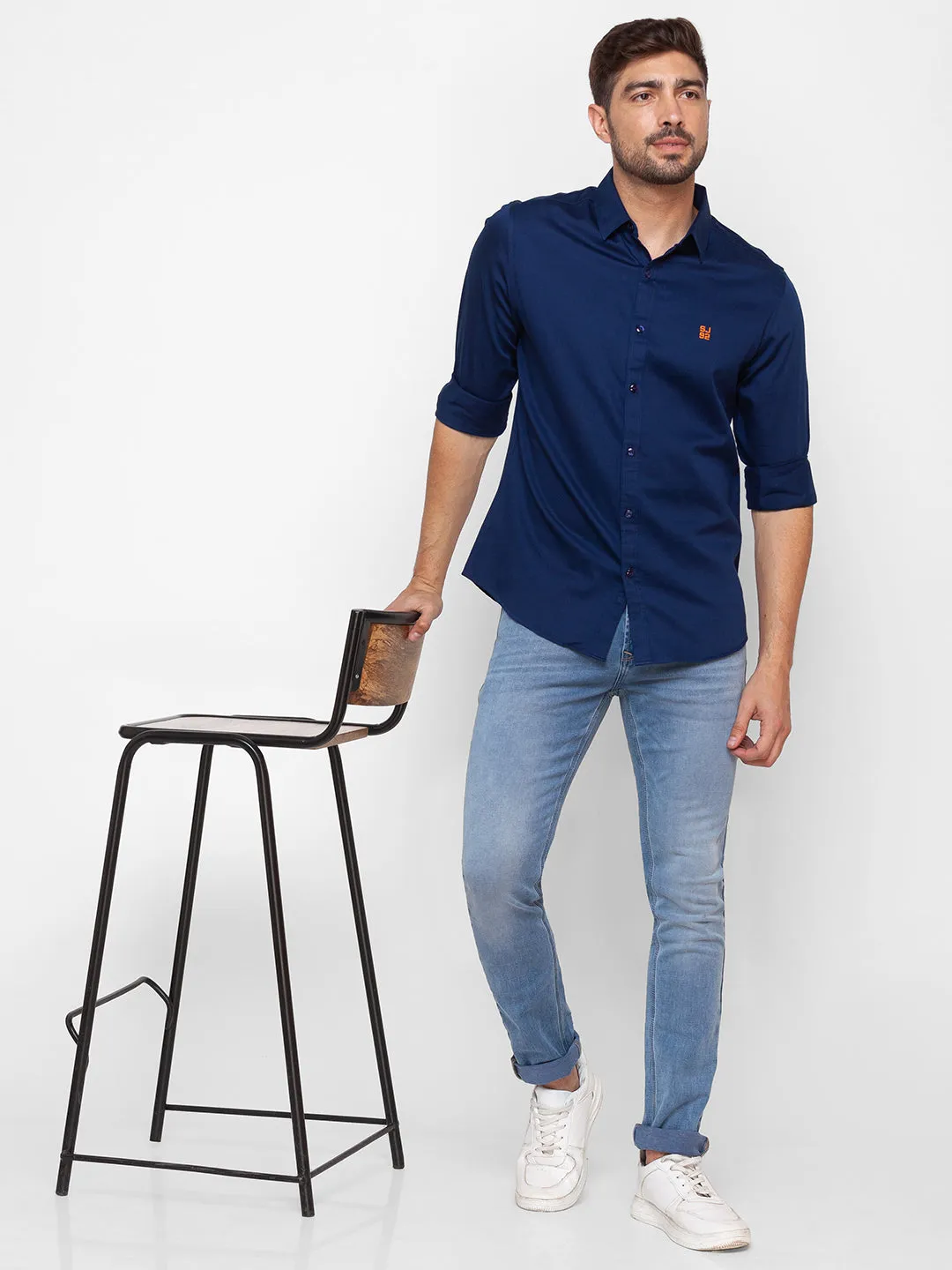 Spykar Ink Blue Cotton Full Sleeve Plain Shirt For Men