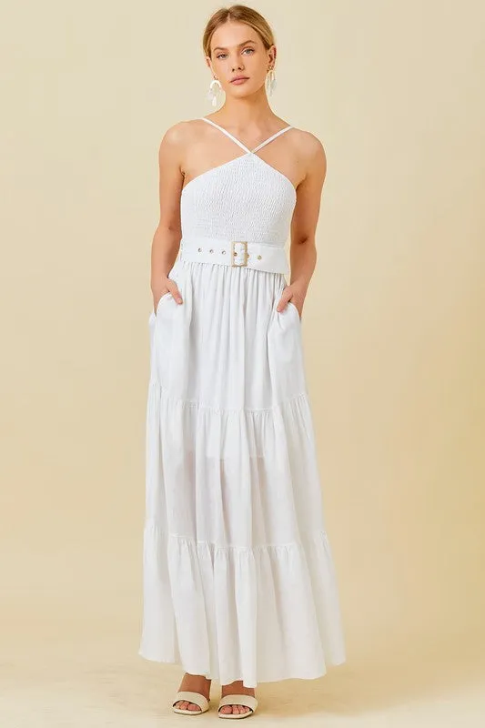 White Smocked Halter Maxi Dress With Belt