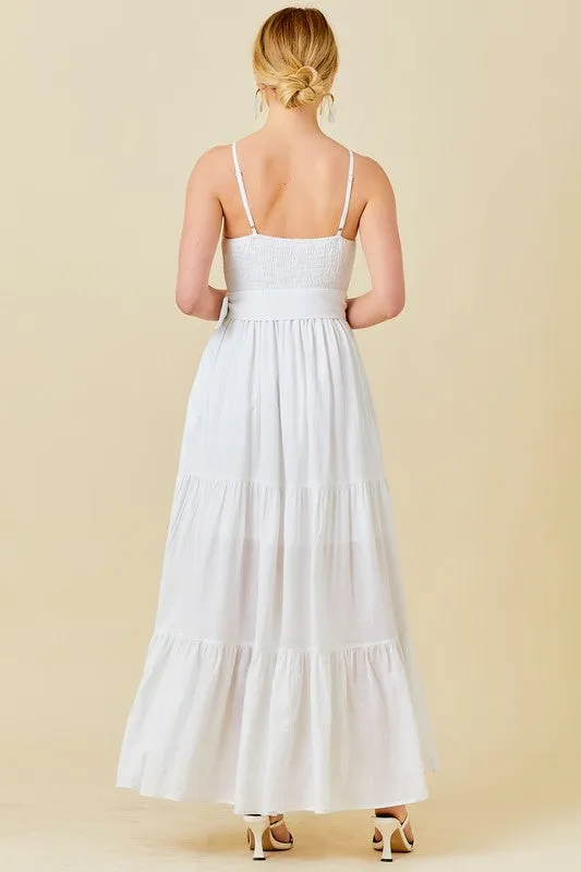 White Smocked Halter Maxi Dress With Belt