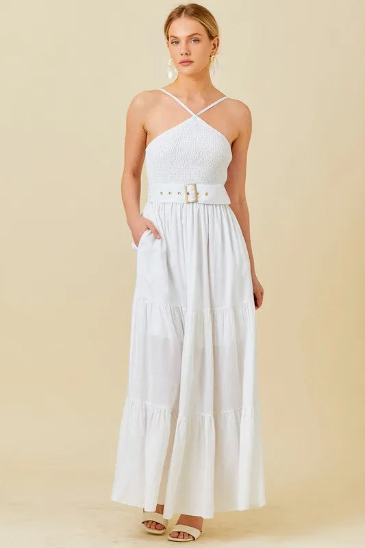 White Smocked Halter Maxi Dress With Belt