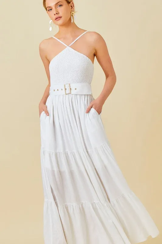 White Smocked Halter Maxi Dress With Belt
